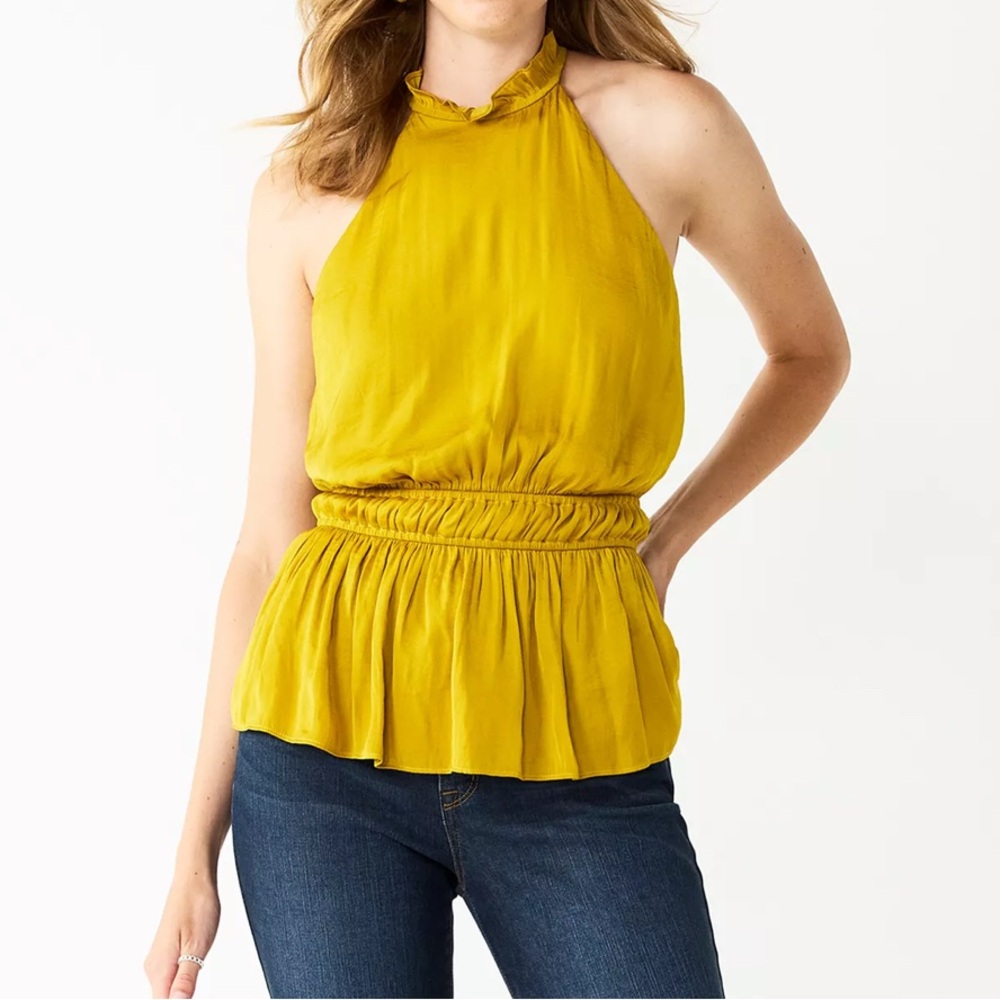 Nine West Women's Sleeveless Pleated Peplum Top XL Yellow